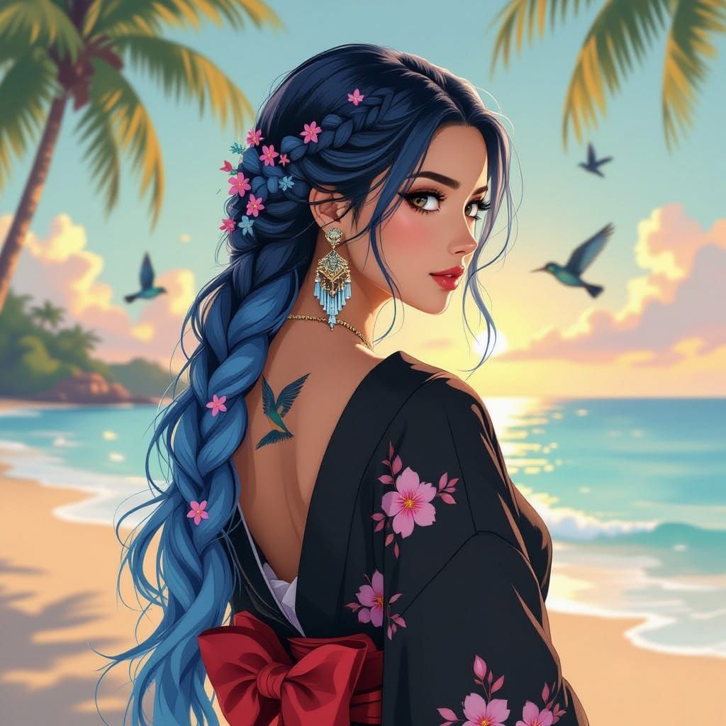 Manga-Inspired Indian Goddess with Celestial Hair and Tropic...