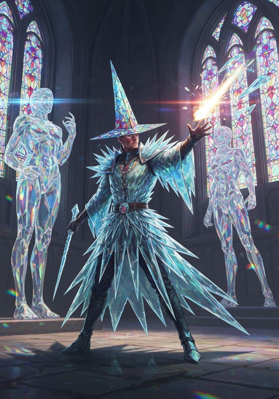 Glass Wizard Conjuring Shard Missile in Crystal Gallery
