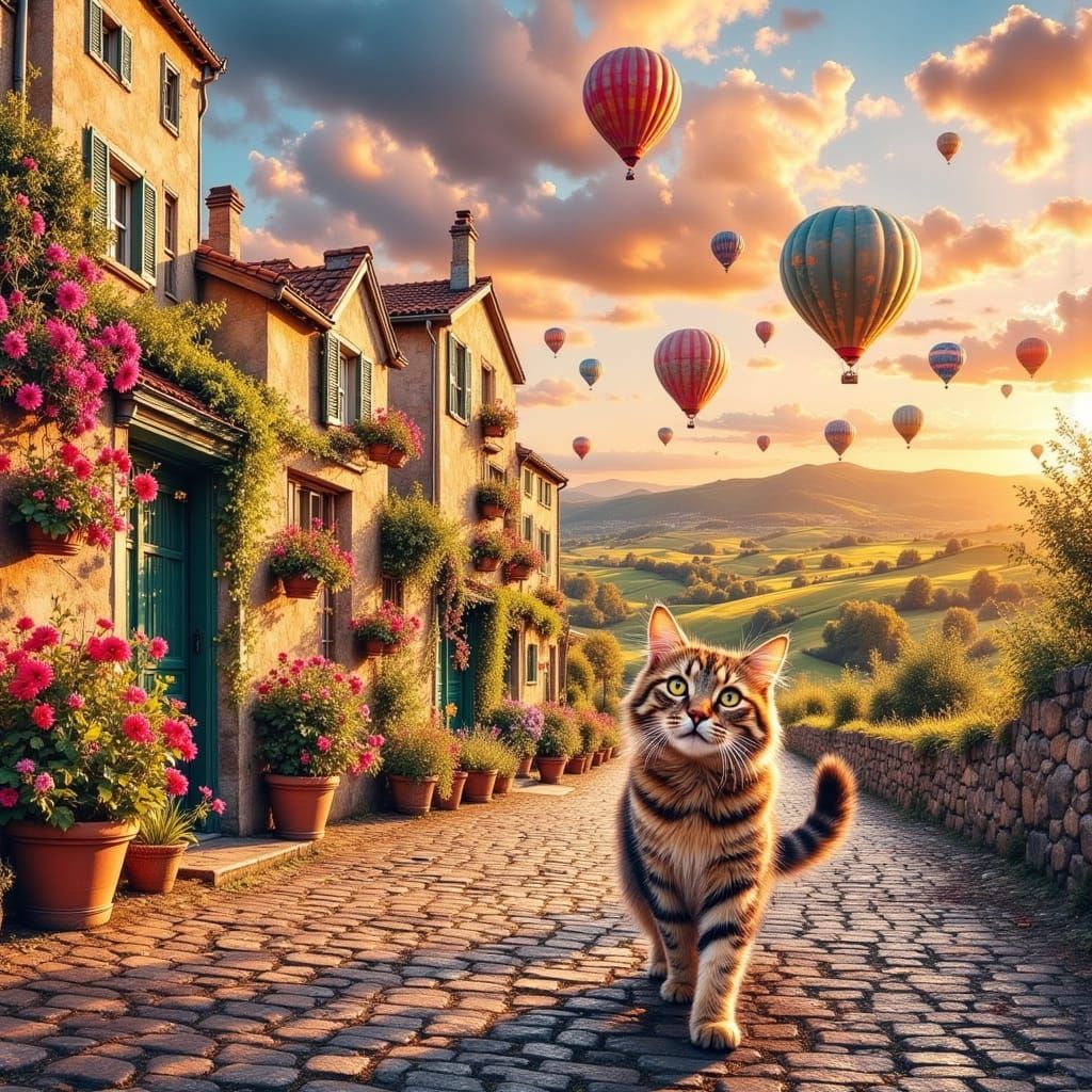 Elegant Tabby Cat Strolls Through European Village in Golden...