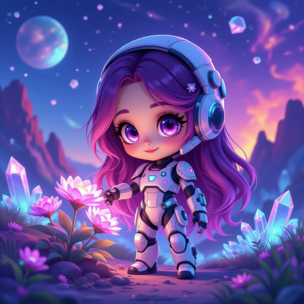 Chibi Robot Girl Tends Alien Garden