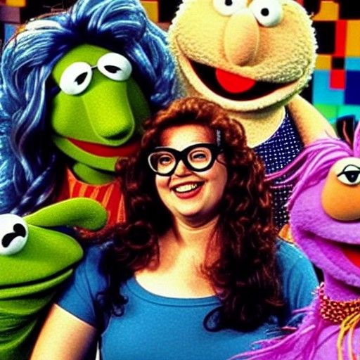 Curvy Brunette Among Muppets: Retro 90s, 8K Resolution