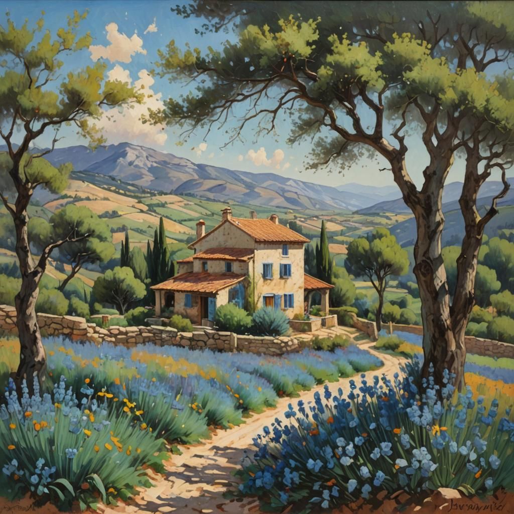 Picturesque Provence Village with Lavender, Oil Painting