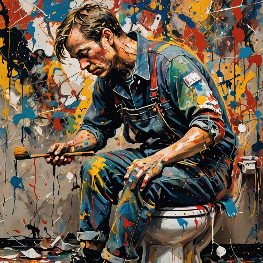 Abstract Expressionist Painter on Toilet in Pollock Style