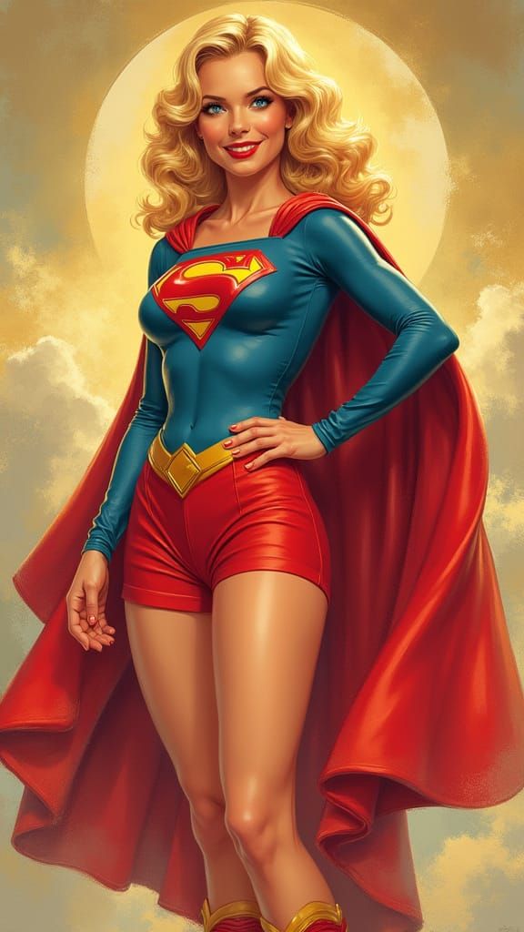 Supergirl Bombshell Pinup in Neo-Impressionist Style