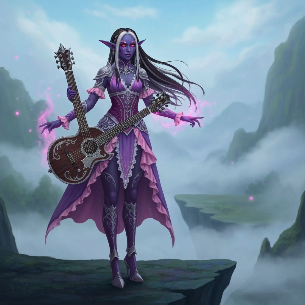 Drow Bard in Ethereal Valley: Whimsical Digital Art