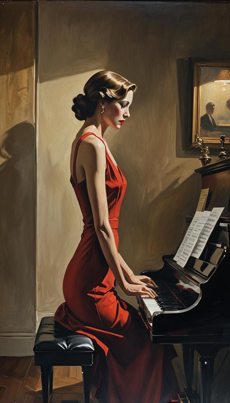 Woman in Red Dress: Film Noir Oil Painting