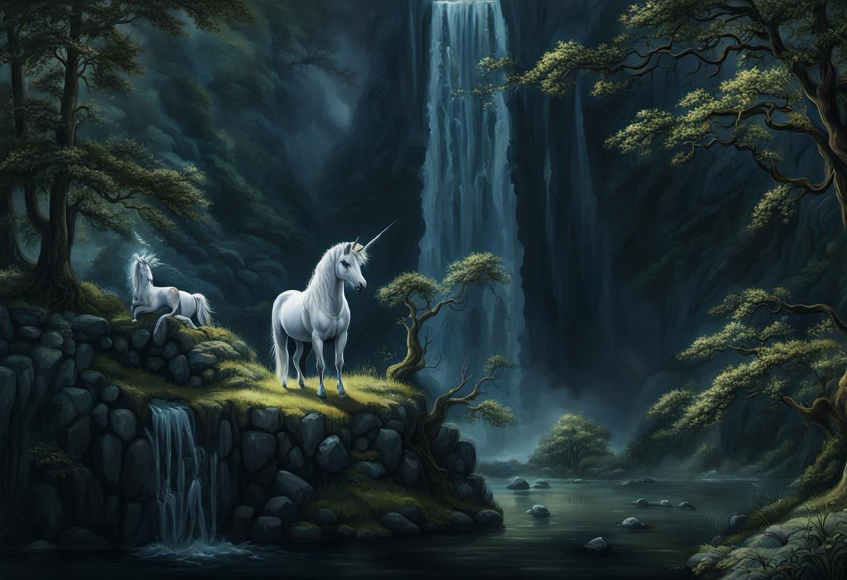 Lavish Unicorn at Waters Edge: Medieval Painting