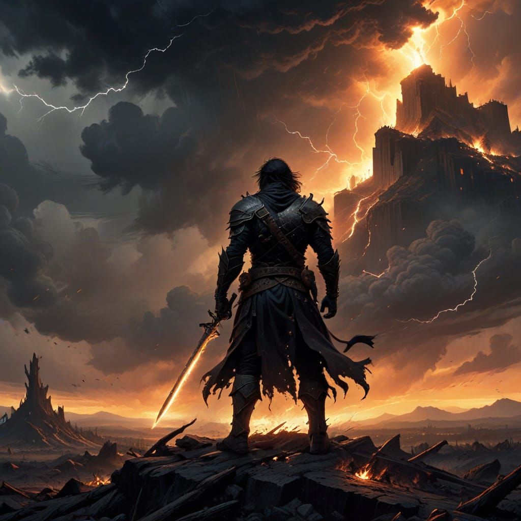 Epic Fantasy Warrior in Fiery Battlefield Concept Art