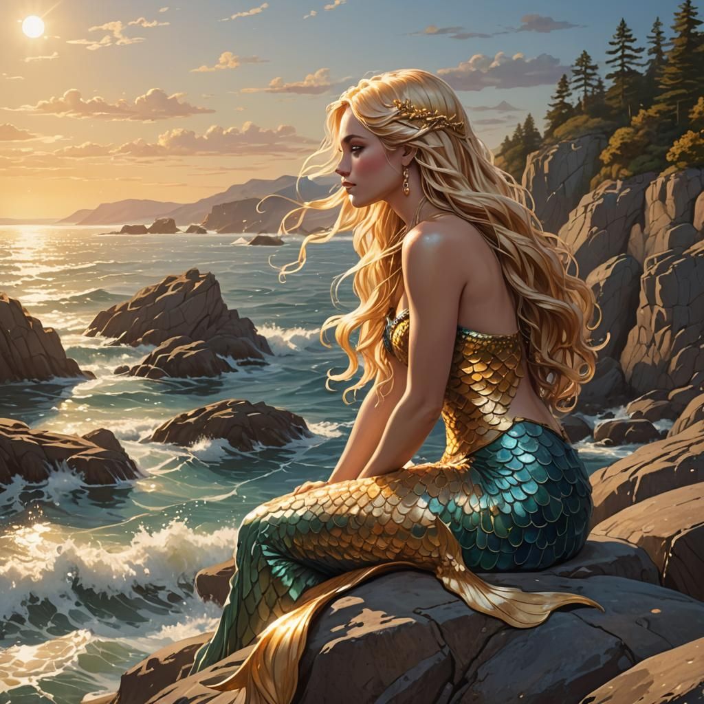 Fantasy Mermaid on Rock in Gentle Sunlight