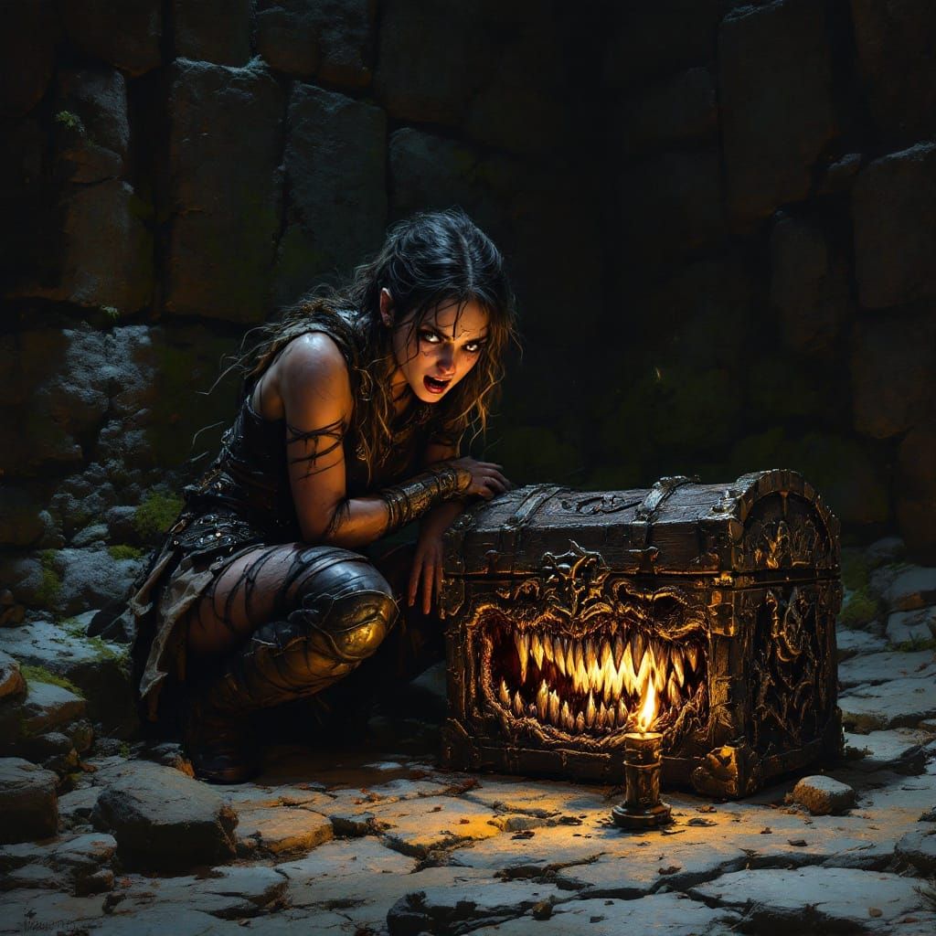 Dark Fantasy Warrior Confronts Ancient, Evil Treasure Chest