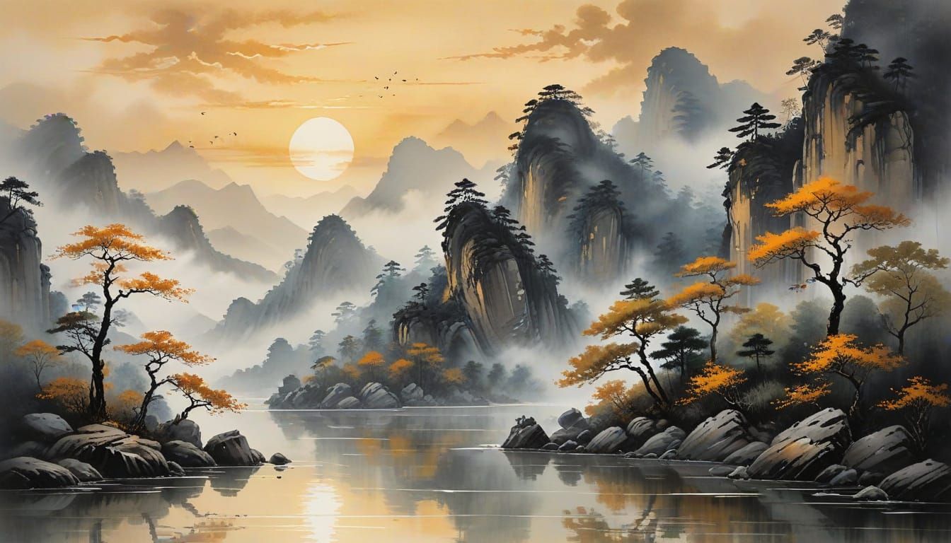 Tranquil Mountain Landscape in Chinese Ink Painting