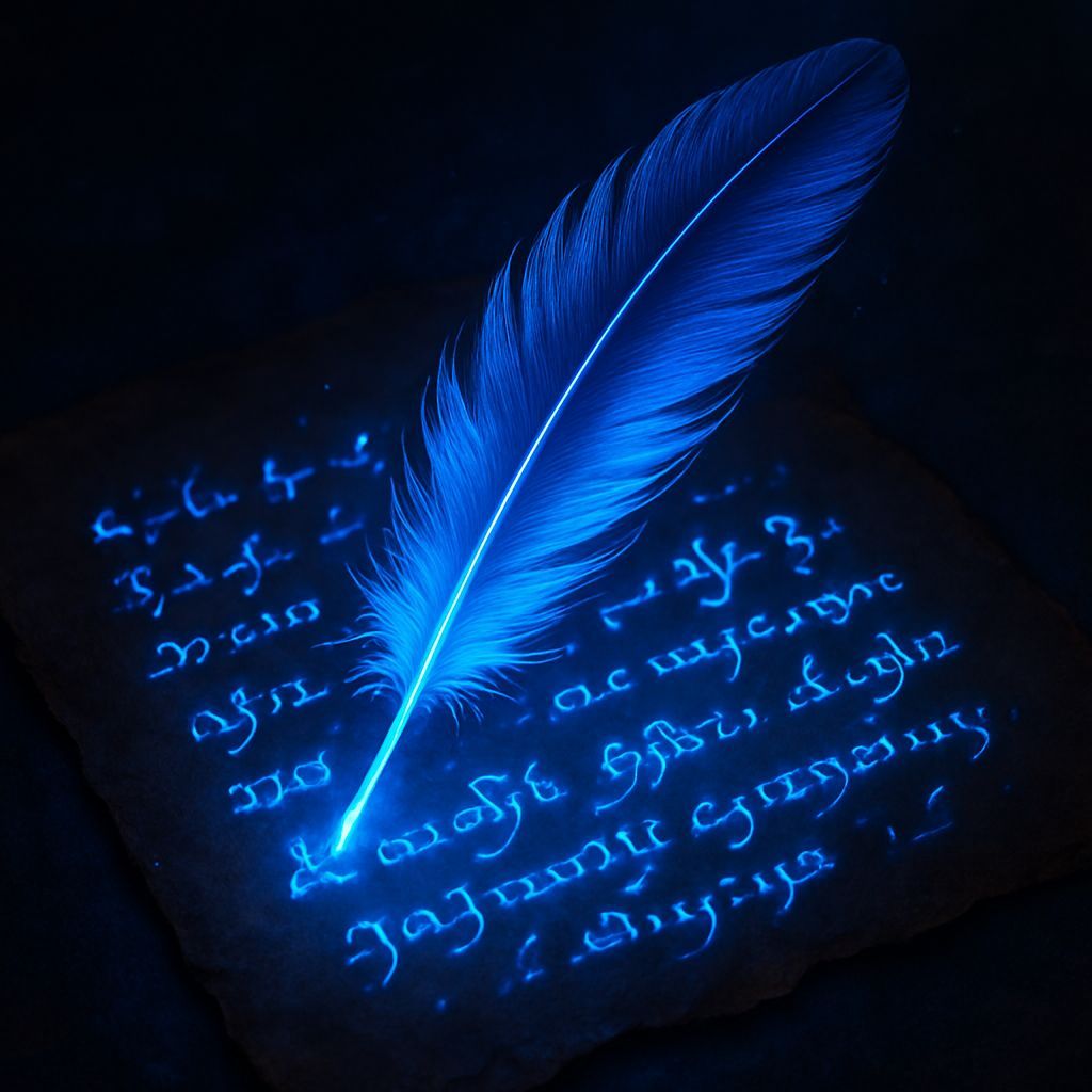 Neon Feather on Old Paper in Magical Light