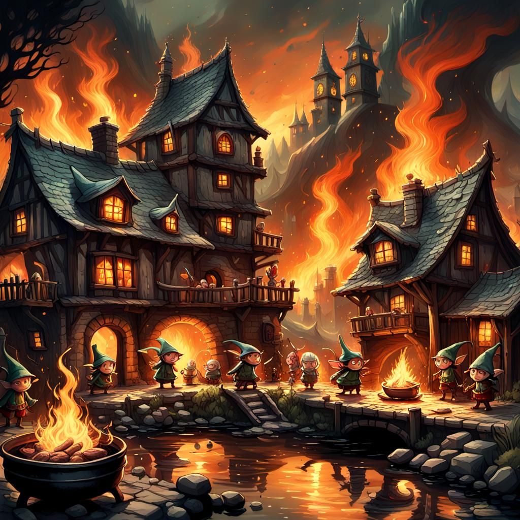 Dark Fantasy Elves Gather Round Fire in Art Nouveau Town