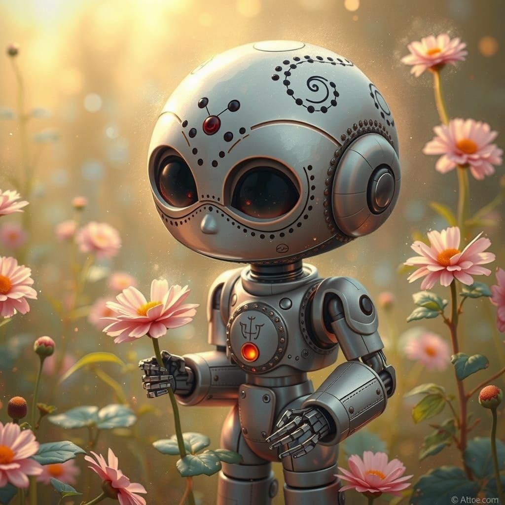 Whimsical Robot in Pink Flower Garden with Soft, Expressive ...