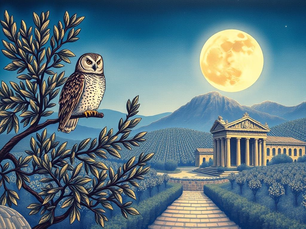 Mystical Owl Perched on Olive Tree Amidst Ancient Ruins