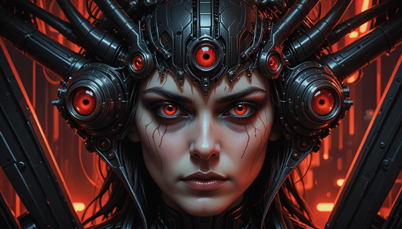 Hyper Realistic Science Fiction Scene with Piercing Red Eyes