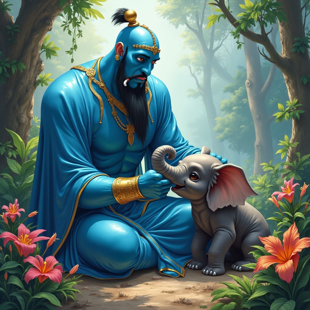 Blue Genie and Elephant in Tropical Rainforest