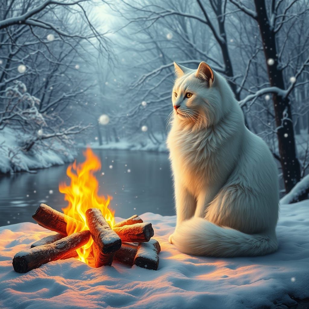 Majestic White Cat by Winter River, Golden Glow