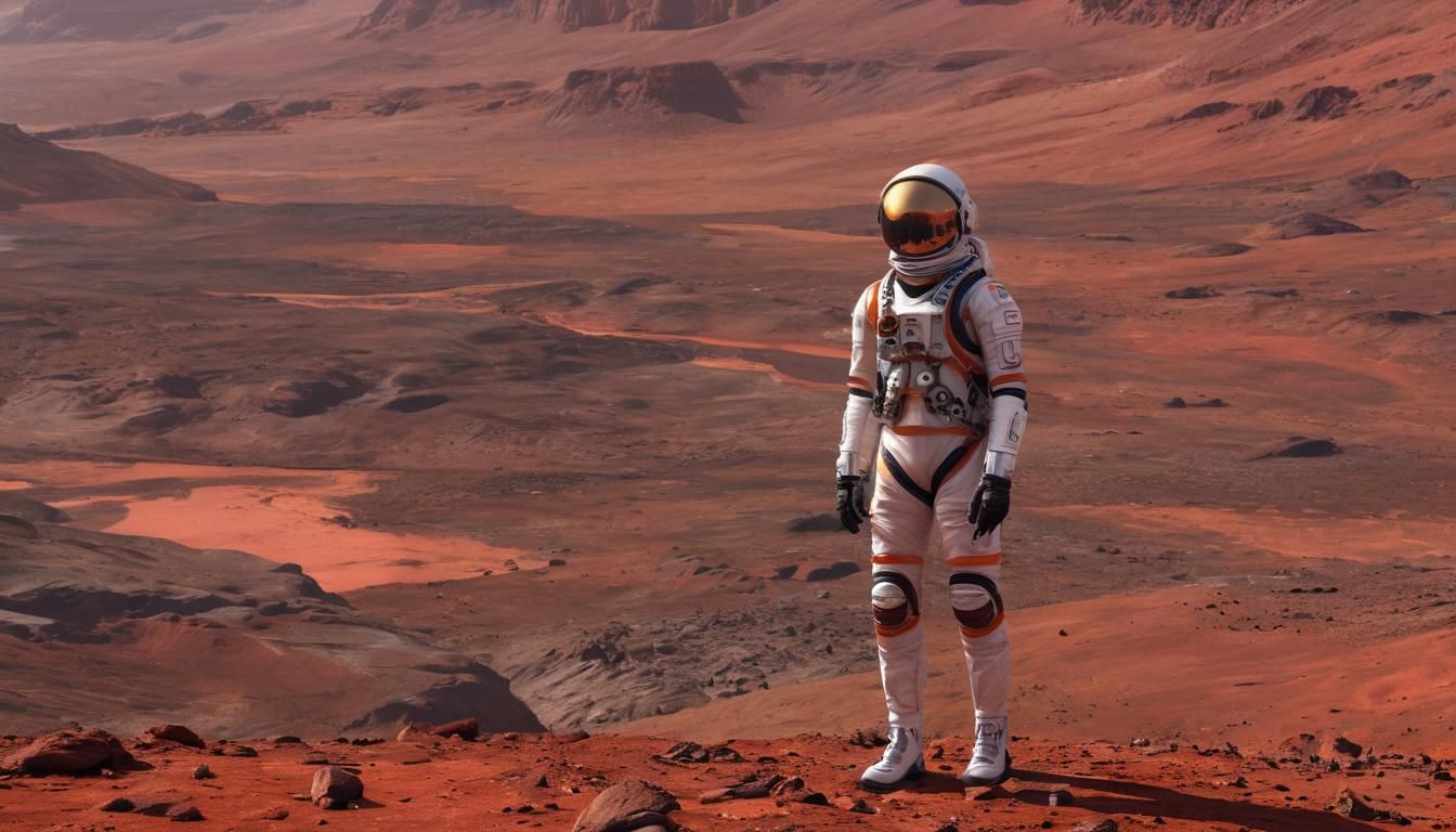 Female astronaut, standing on the edge of barren surrounding...