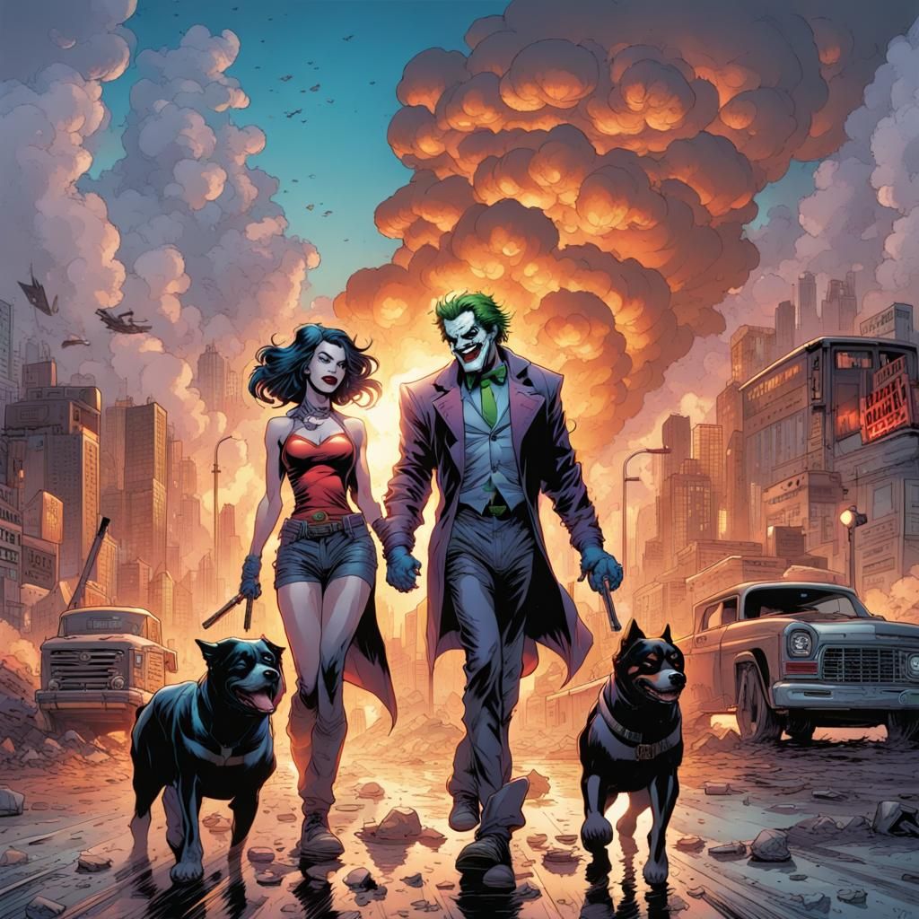 Joker and Harley Quinn in Burning City, Comic Book Art