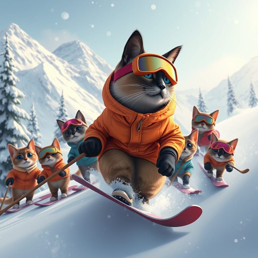 Kitty cat skiing with friends