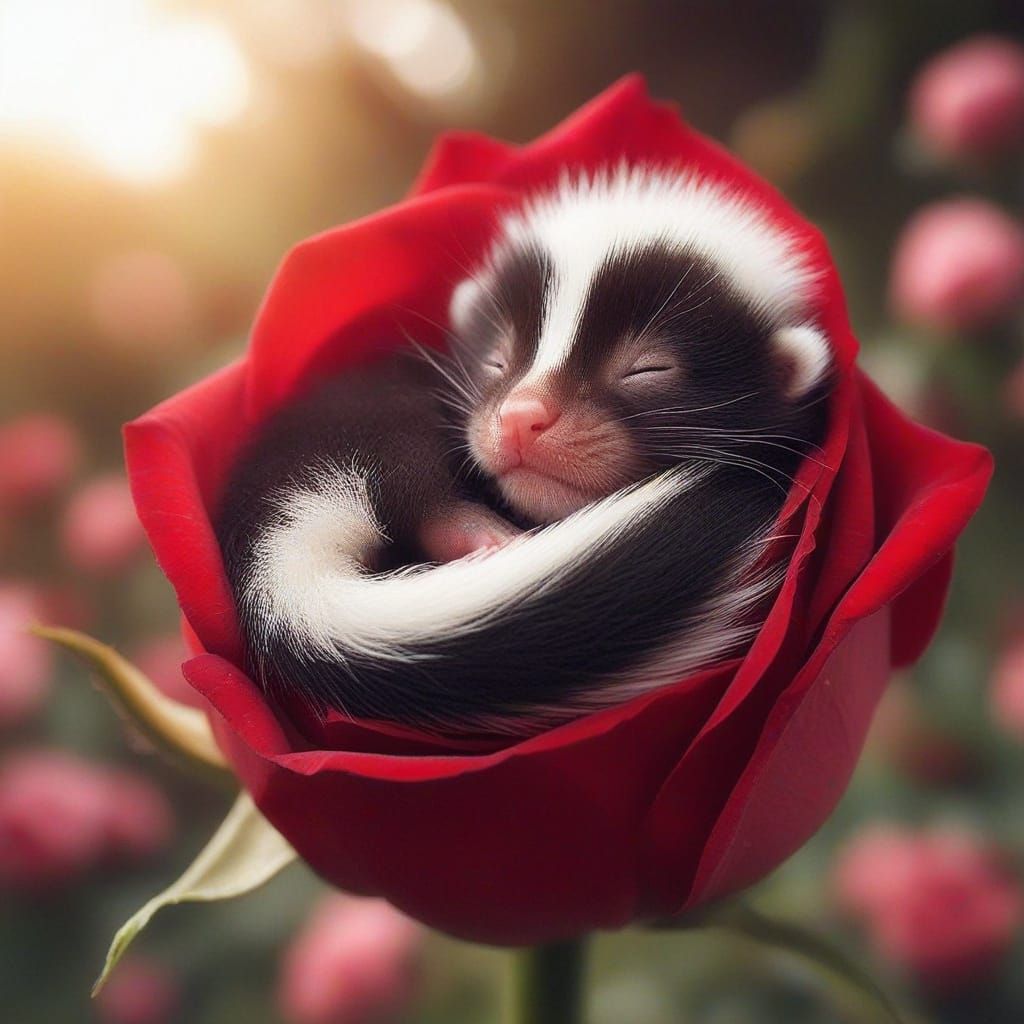 Cuddly Skunk Kitten in a Rose