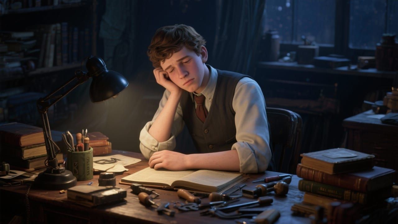 Young Graham Bell Working Late Night in 3D