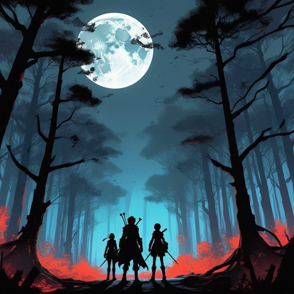 Mystical Forest Battle Scene in Anime-Inspired Style