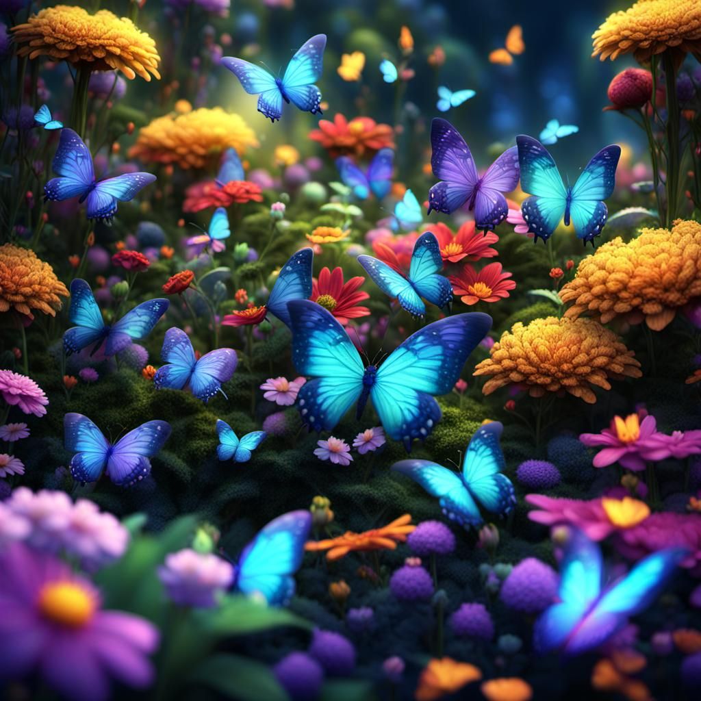 Lush Garden with Multicolored Glowing Butterflies