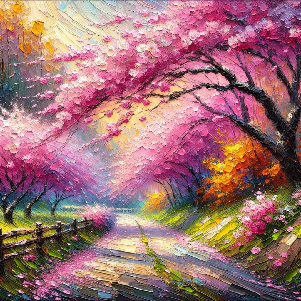Breathtaking Impasto Oil Painting of Cherry Blossom Road