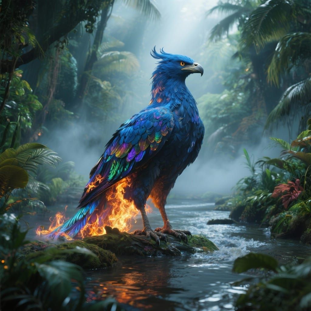 Blue Fire Griffin in Lush Tropical Riverbed