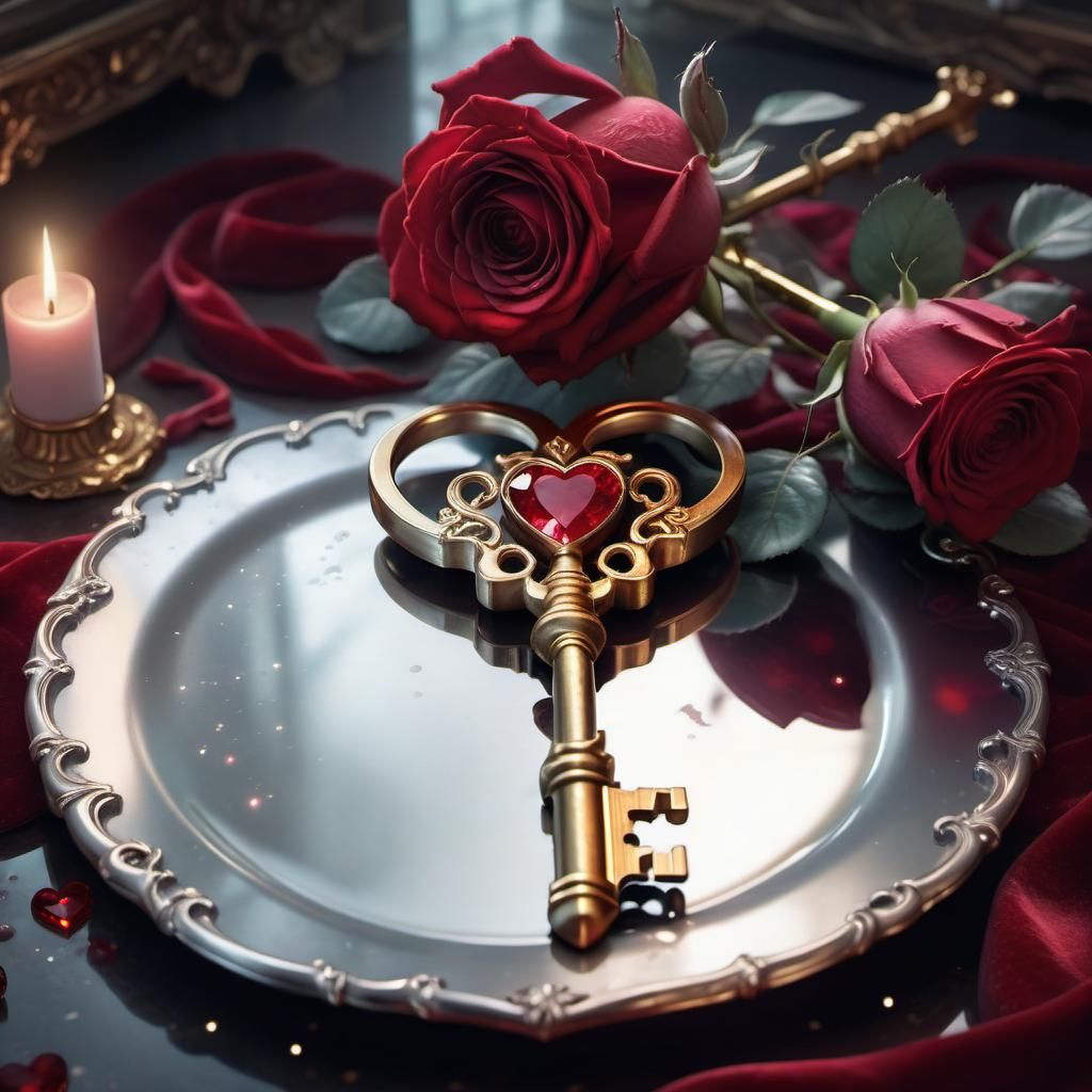 Romantic Golden Key with Ruby Heart