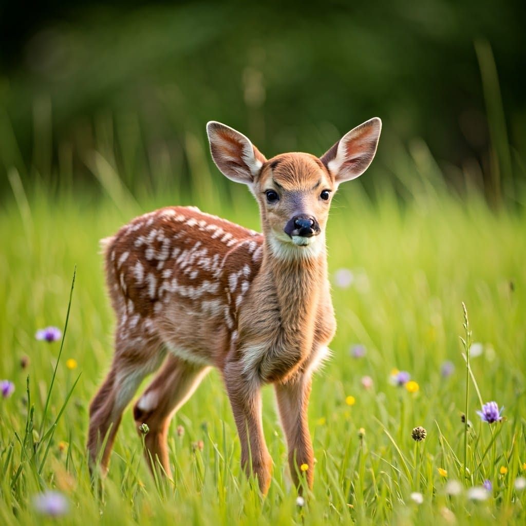 Baby Deer in Sun-Dappled Meadow, Wildlife Photography