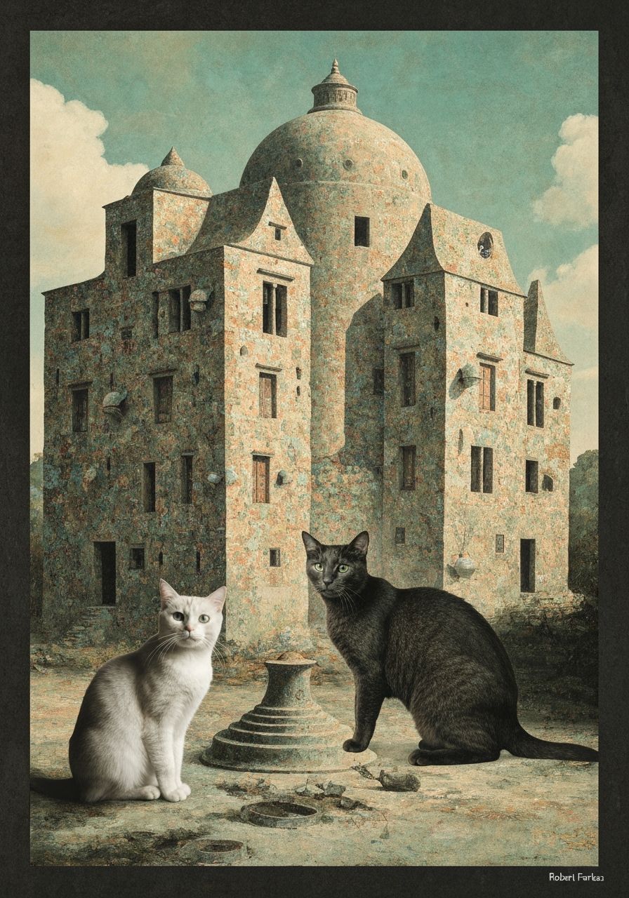 Surreal Organic Architecture with Cat in Double Exposure