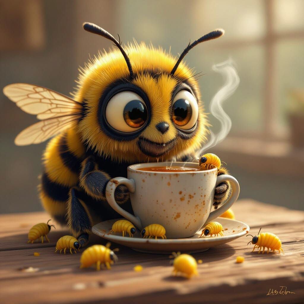 Tired Bumblebee with Honey and Larvae