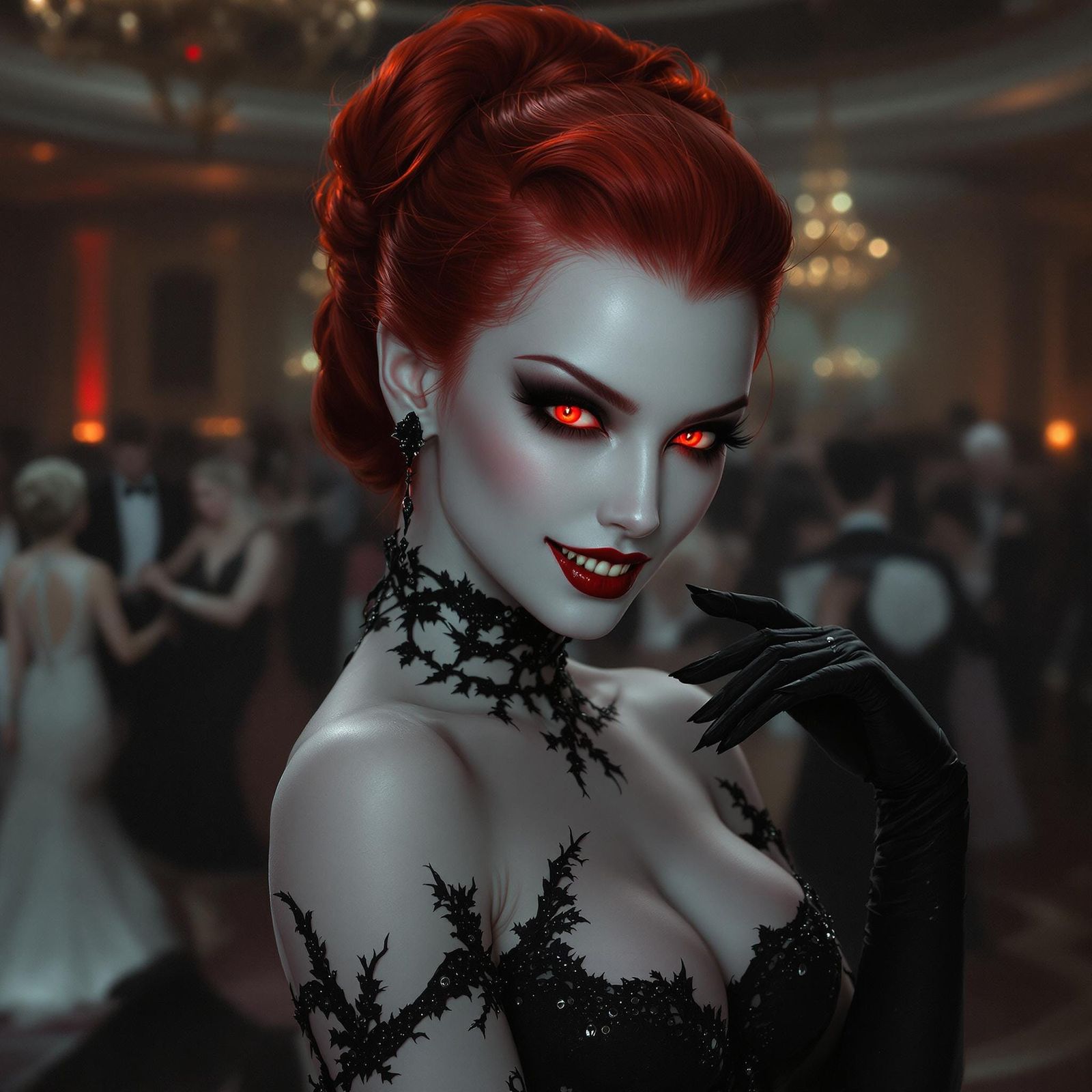 Hyperrealistic Vampire Woman on Ballroom Dance Floor