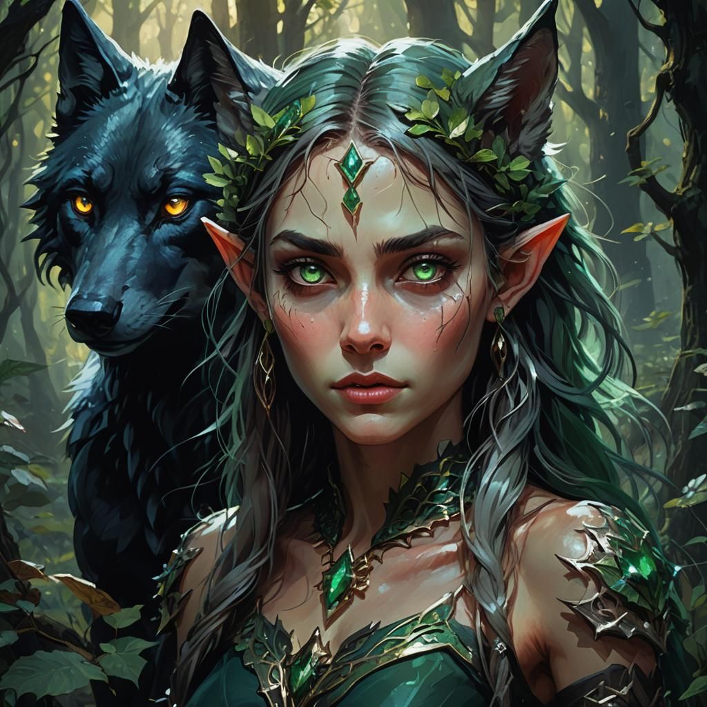 Elf and Wolf in Dark Fantasy Forest