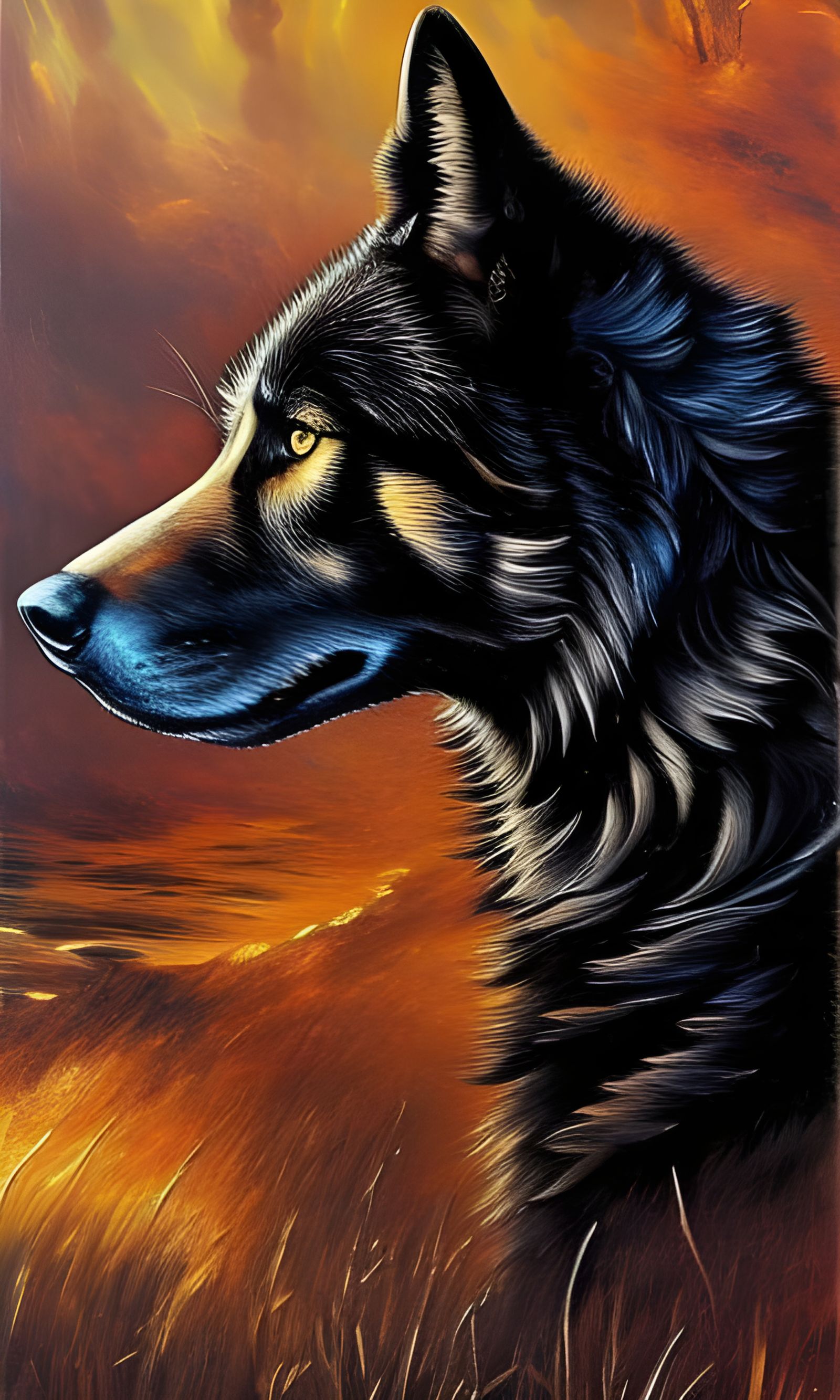 Steampunk Black Wolf Impasto Detailed Illustration