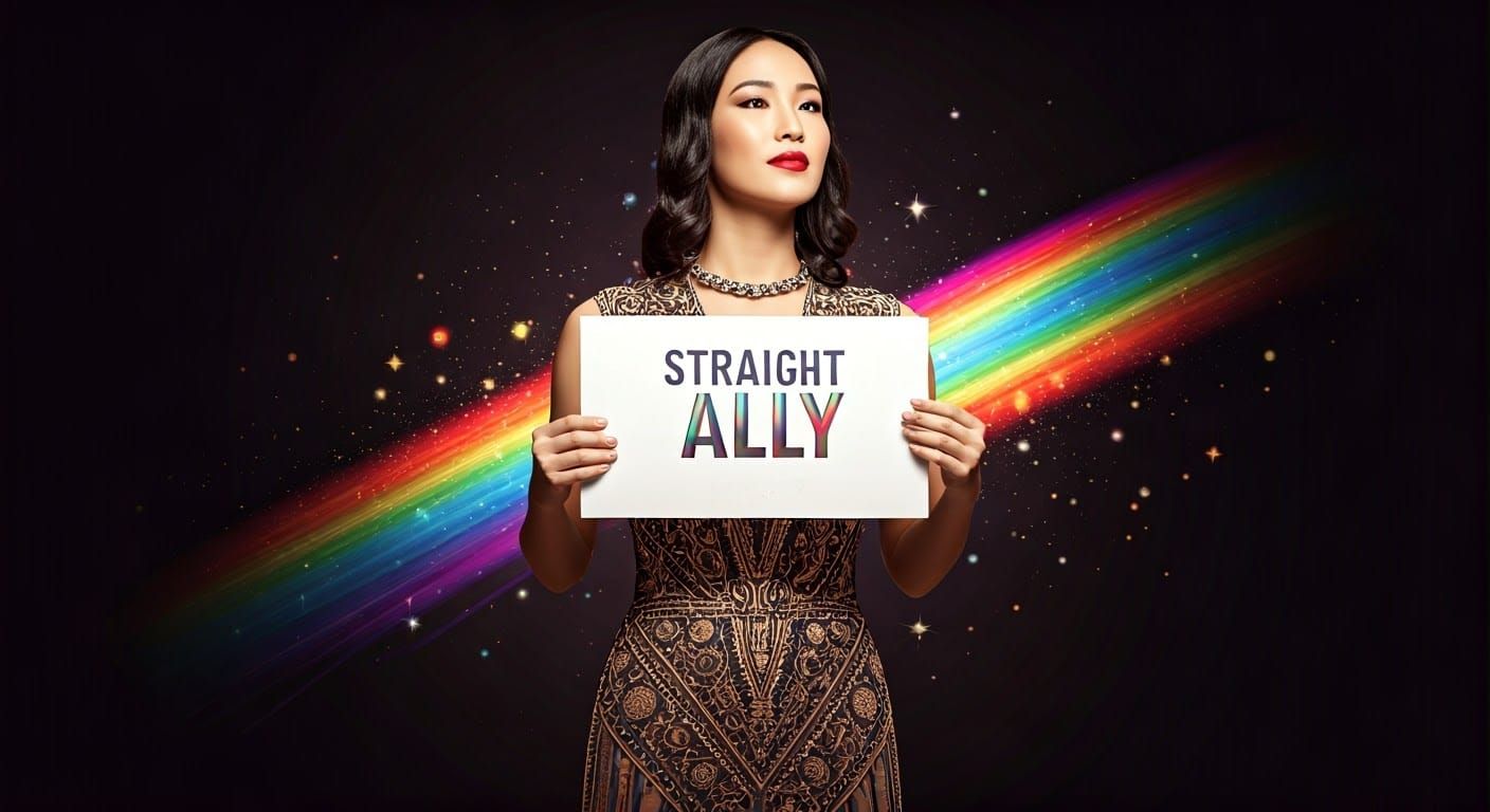 Woman Holding Straight Ally Sign in Sachin Teng Style