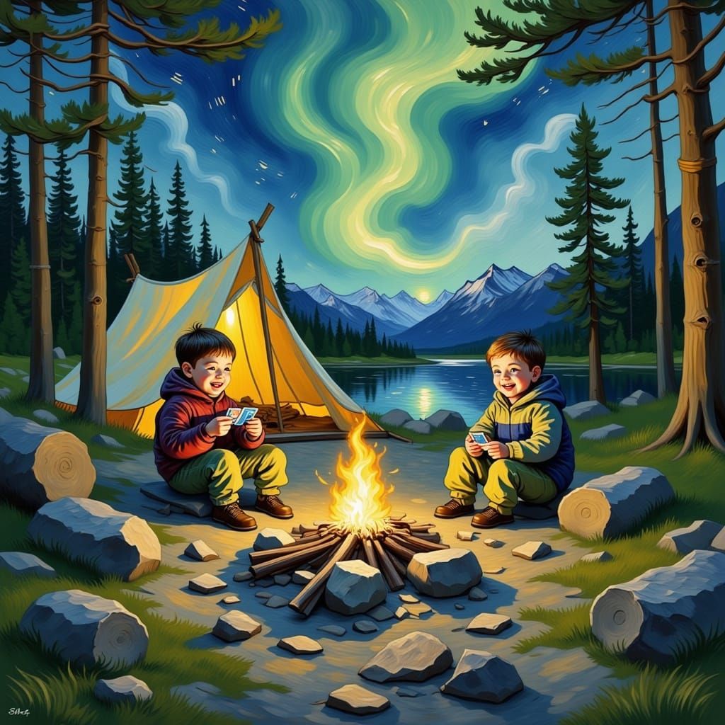 Brothers Laughing Playing Cards by Campfire Under Aurora