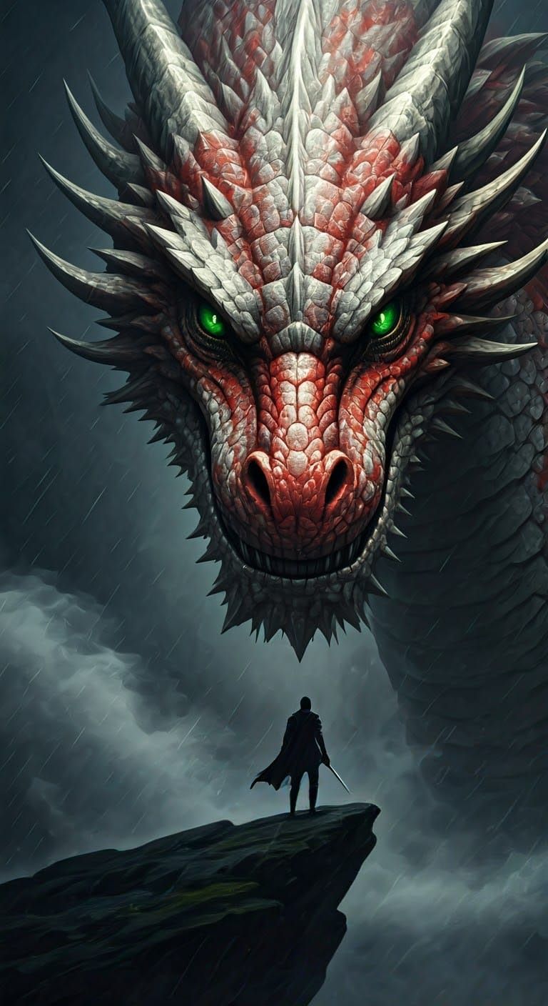 Rough, colossal white and red angry Chinese dragon.