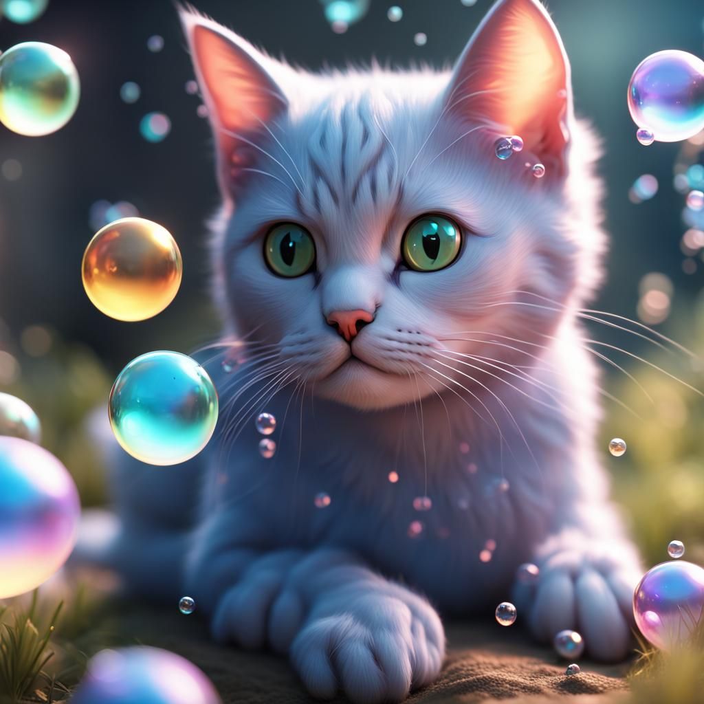 Cute Cat and Bubbles in Detailed Matte Painting