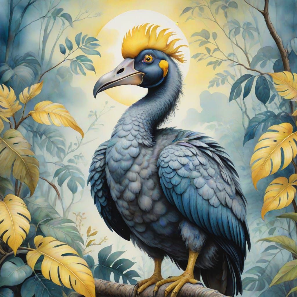 Ancient Dodo Perched on a Tropical Branch in Dreamy Watercol...