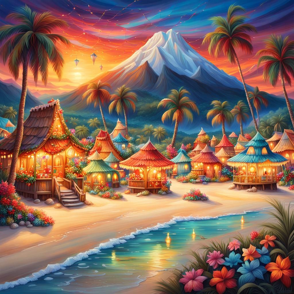 Tropical Christmas Village: Vibrant Oil Painting