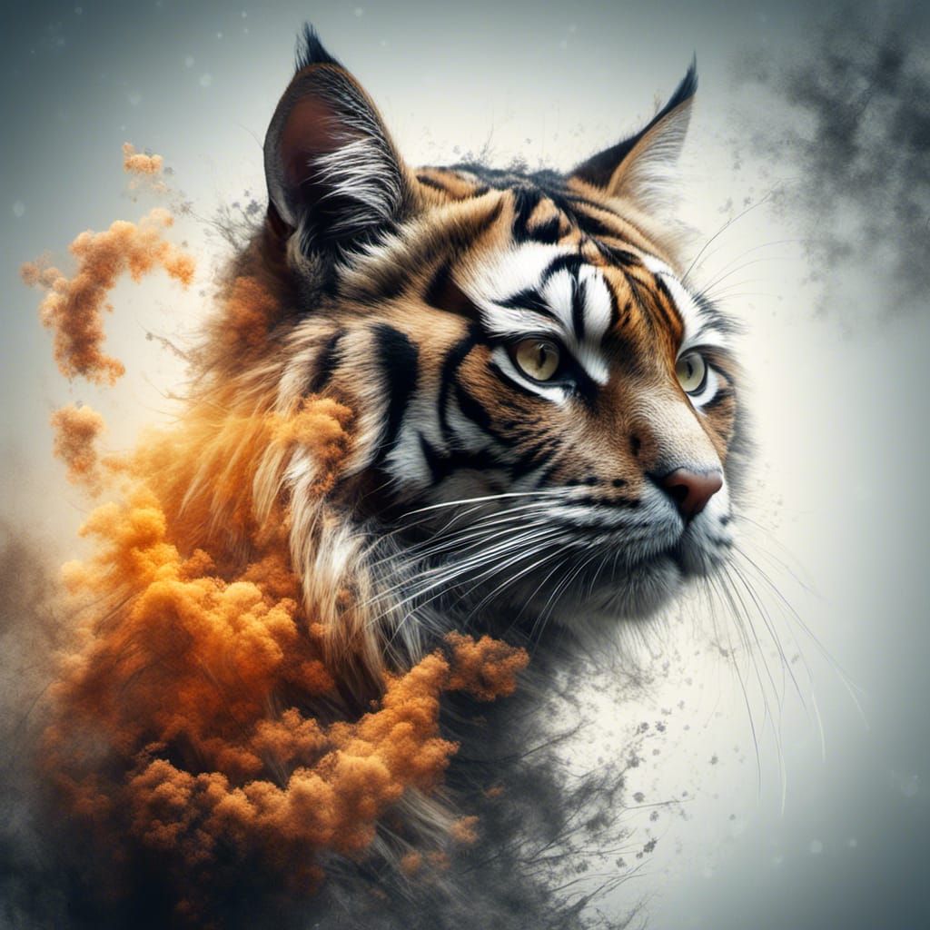 Cat to Tiger Transformation in Double Exposure Style
