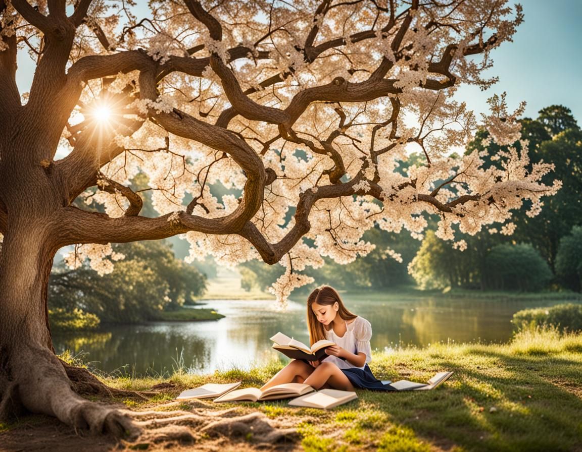 Girl Reading Book Under a Tree