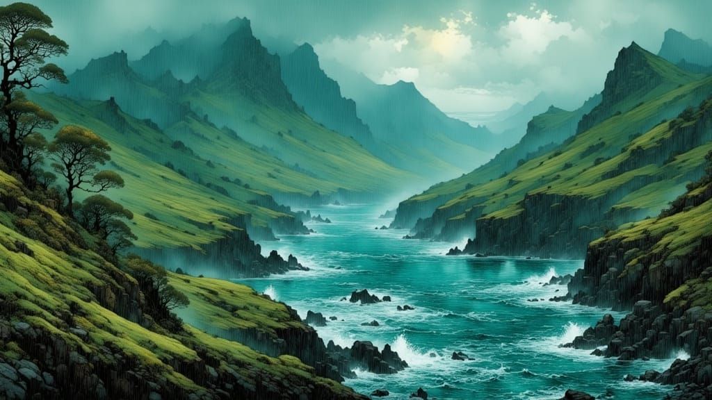 Rainy Azores Islands: Volcanic Landscape with Dramatic Coast...