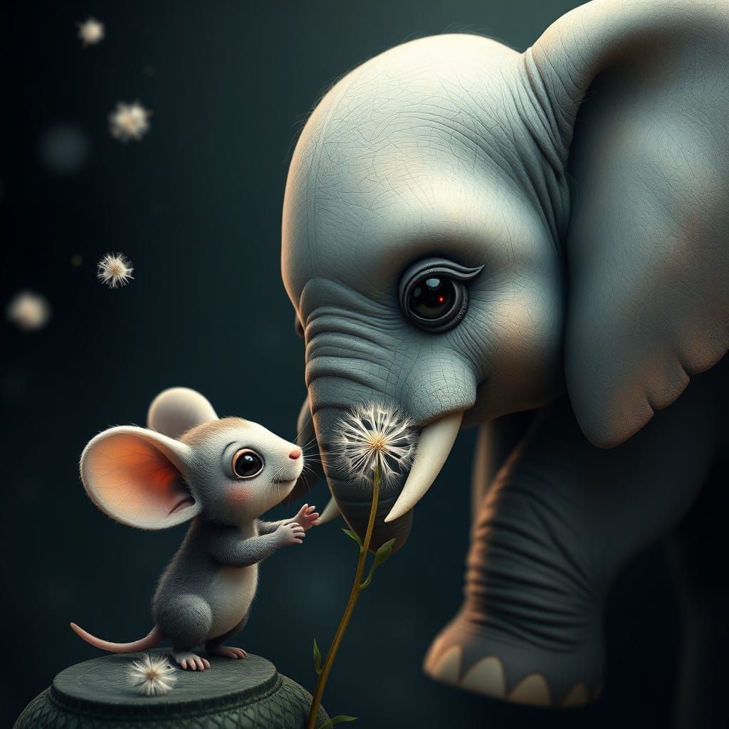 Surreal Chibi Portrait of Mouse and Elephant in Starry Night