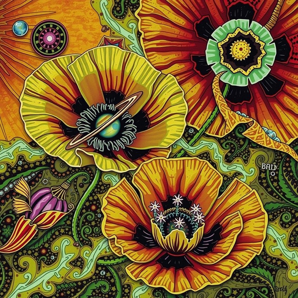 Psychedelic Poppy with Glass Saturn Planet