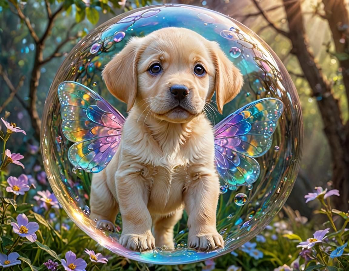 Puppy with Fairy Wings in Iridescent Bubble